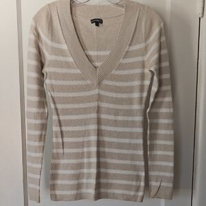 Express Beige and White Striped V-Neck Sweater